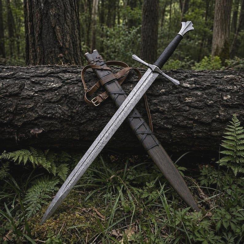 Hand Forged Damascus Sword | Medieval Fantasy Display Sword | Rosewood Handle | Leather Sheath | 36 Inch - Image 2