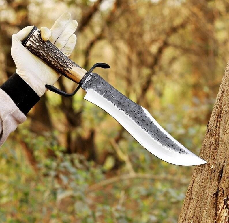 Handmade Bowie Hunting Knife | 18 Inch Carbon Steel Blade, Deer Horn Handle & Leather Sheath - Image 6