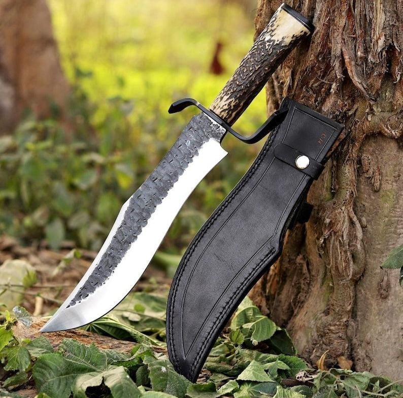 Handmade Bowie Hunting Knife | 18 Inch Carbon Steel Blade, Deer Horn Handle & Leather Sheath - Image 2