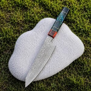 Handmade Raindrop Damascus Chef Knife | 14 Inch Kitchen Knife, Resin Handle & Leather Sheath