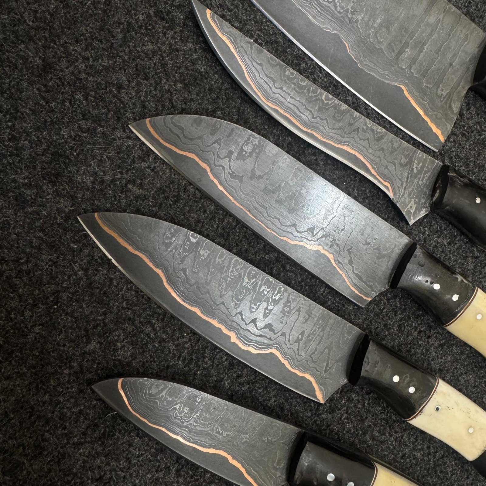 Hand Forged Damascus Chef Knife Set | Copper Damascus Steel, Sheep Horn Handles, Kitchen Knives - Image 9