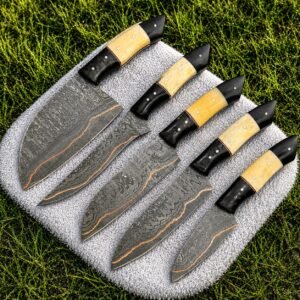 Hand Forged Damascus Chef Knife Set | Copper Damascus Steel, Sheep Horn Handles, Kitchen Knives
