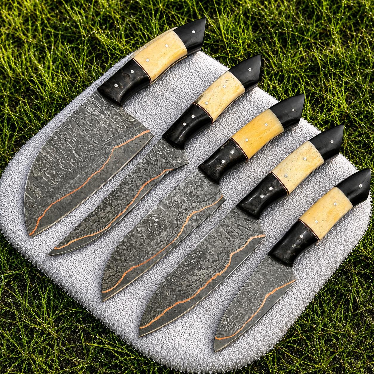Hand Forged Damascus Chef Knife Set | Copper Damascus Steel, Sheep Horn Handles, Kitchen Knives