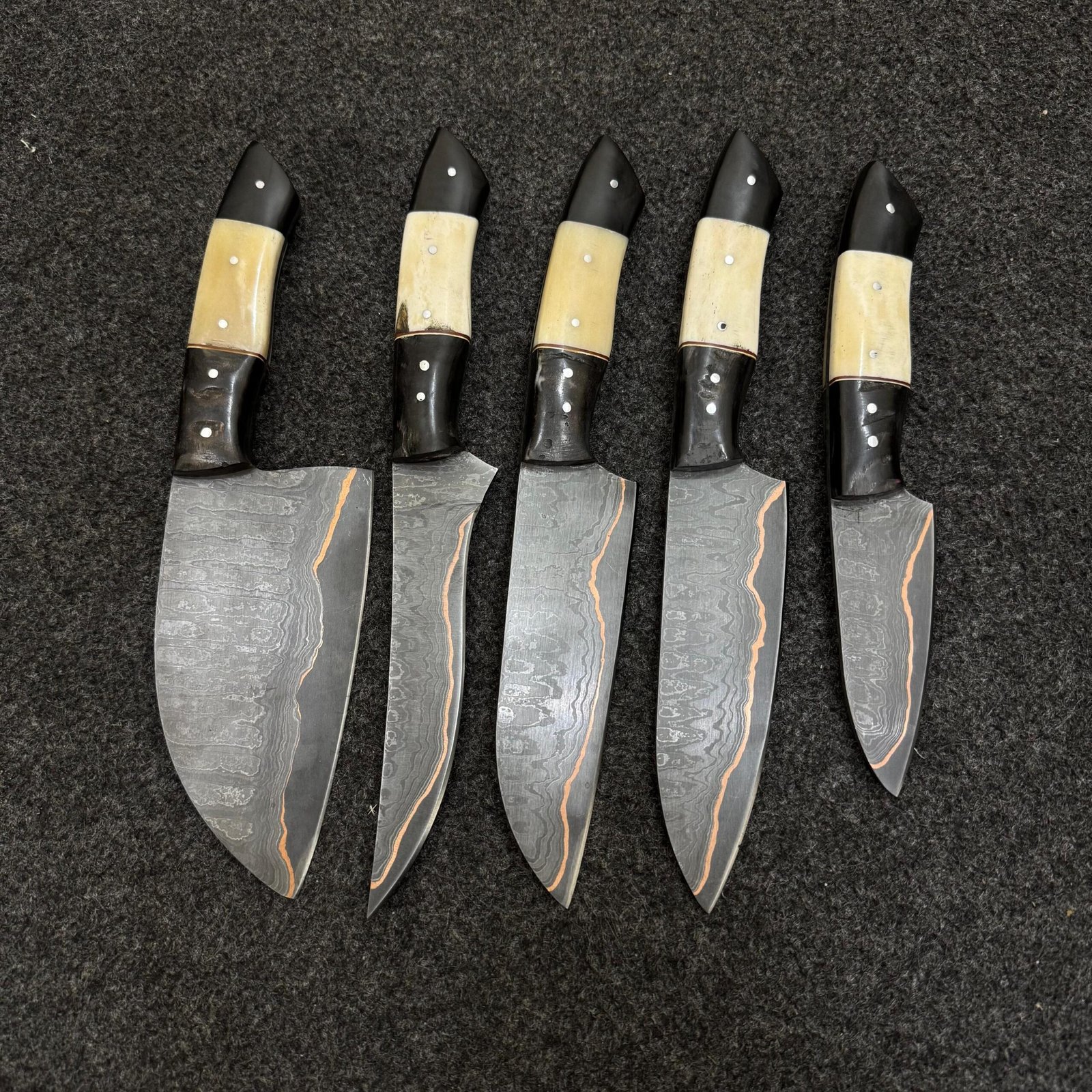 Hand Forged Damascus Chef Knife Set | Copper Damascus Steel, Sheep Horn Handles, Kitchen Knives - Image 10