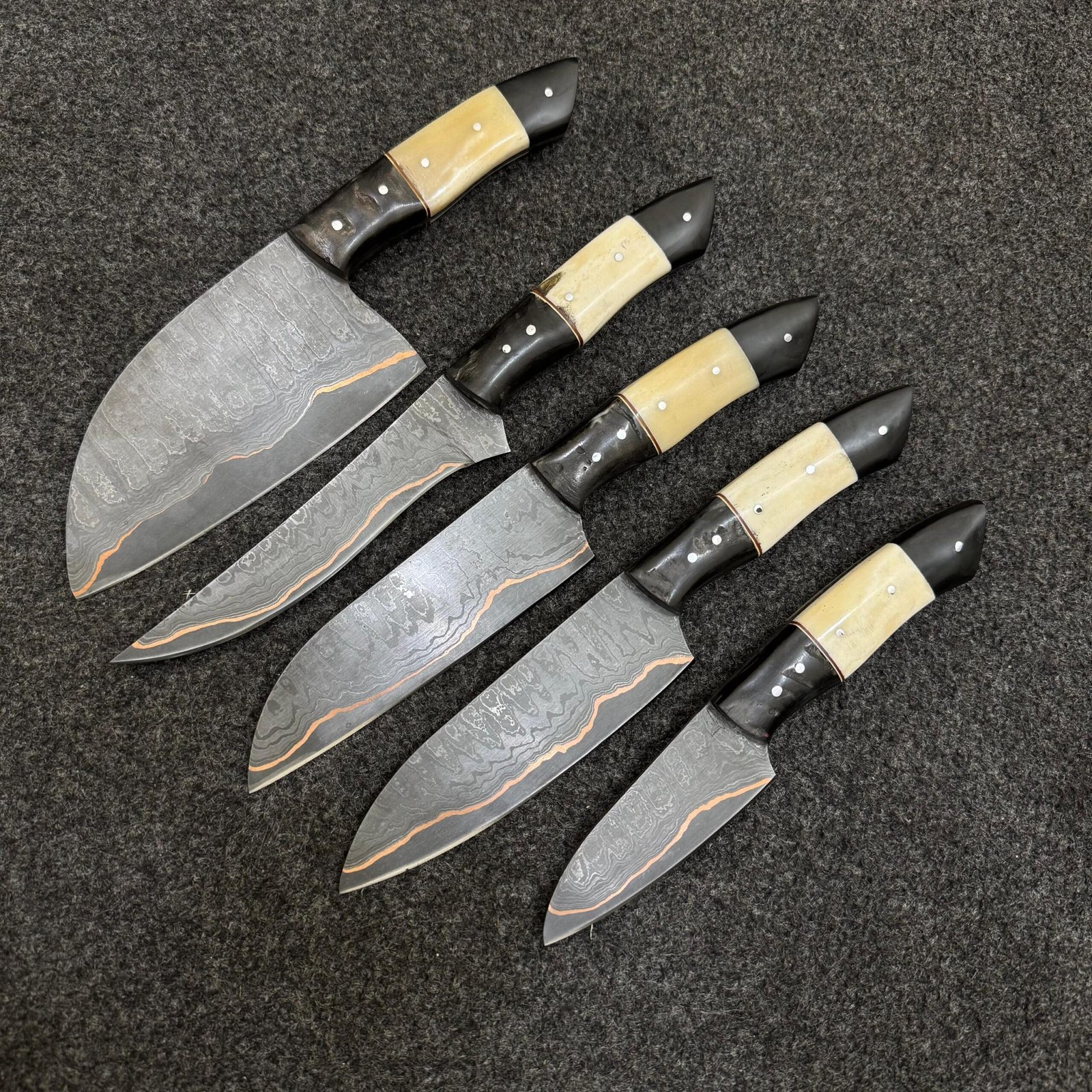 Hand Forged Damascus Chef Knife Set | Copper Damascus Steel, Sheep Horn Handles, Kitchen Knives - Image 2