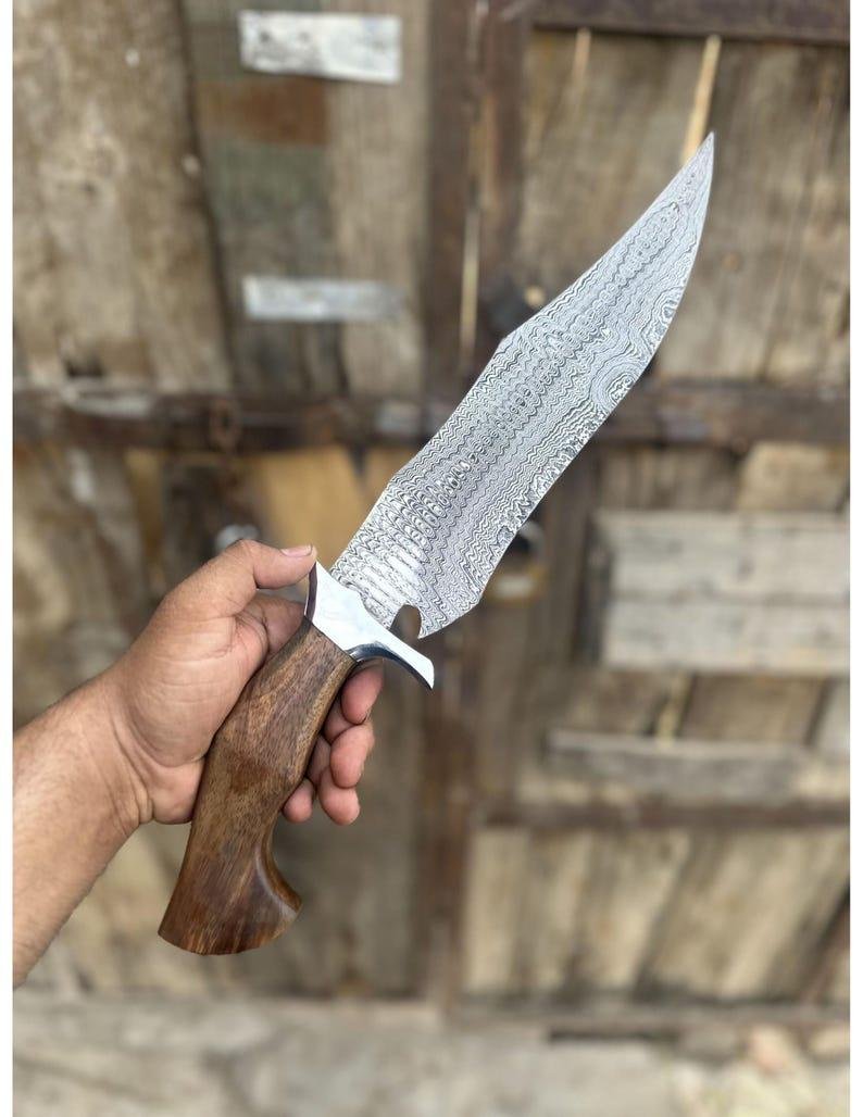 Ladder Damascus Bowie Knife | Handmade Hunting Knife, 1085 & 15N20 Steel, Rosewood Handle - Image 8