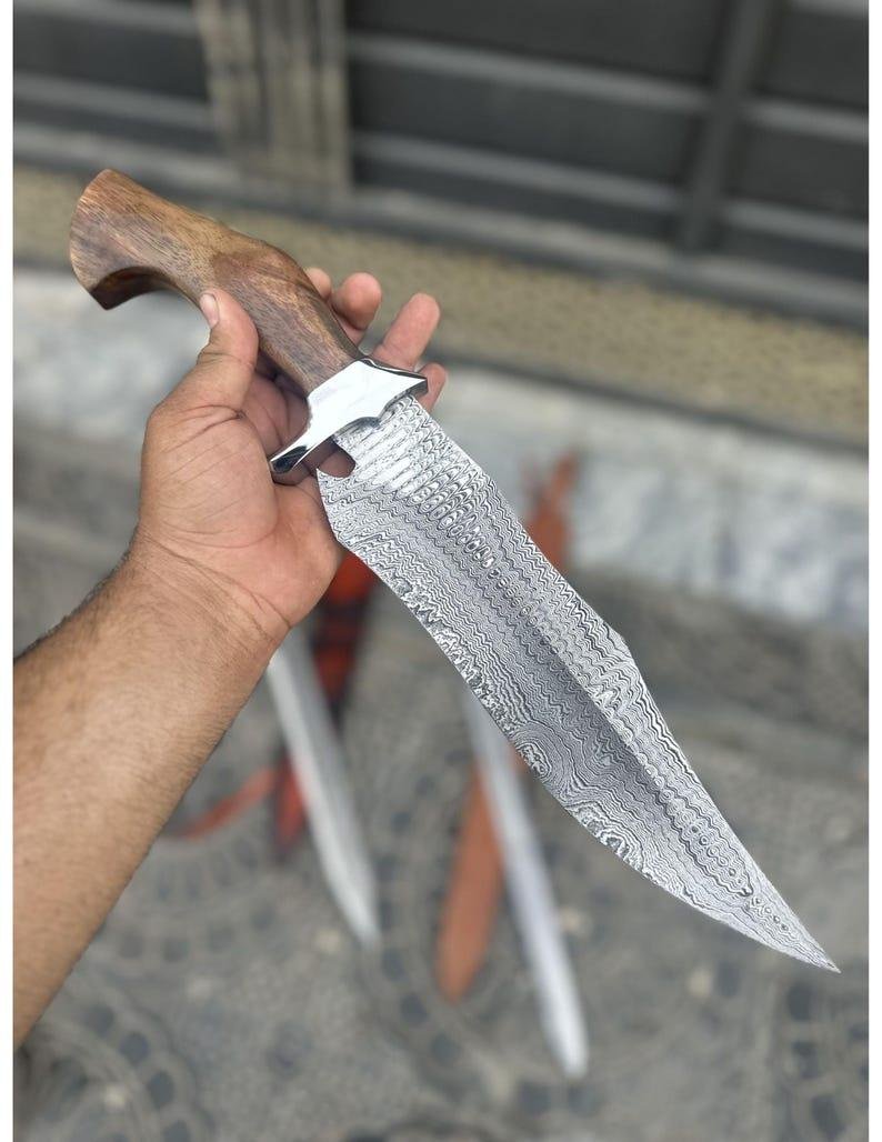 Ladder Damascus Bowie Knife | Handmade Hunting Knife, 1085 & 15N20 Steel, Rosewood Handle - Image 2