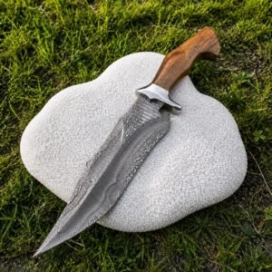 Ladder Damascus Bowie Knife | Handmade Hunting Knife, 1085 & 15N20 Steel, Rosewood Handle
