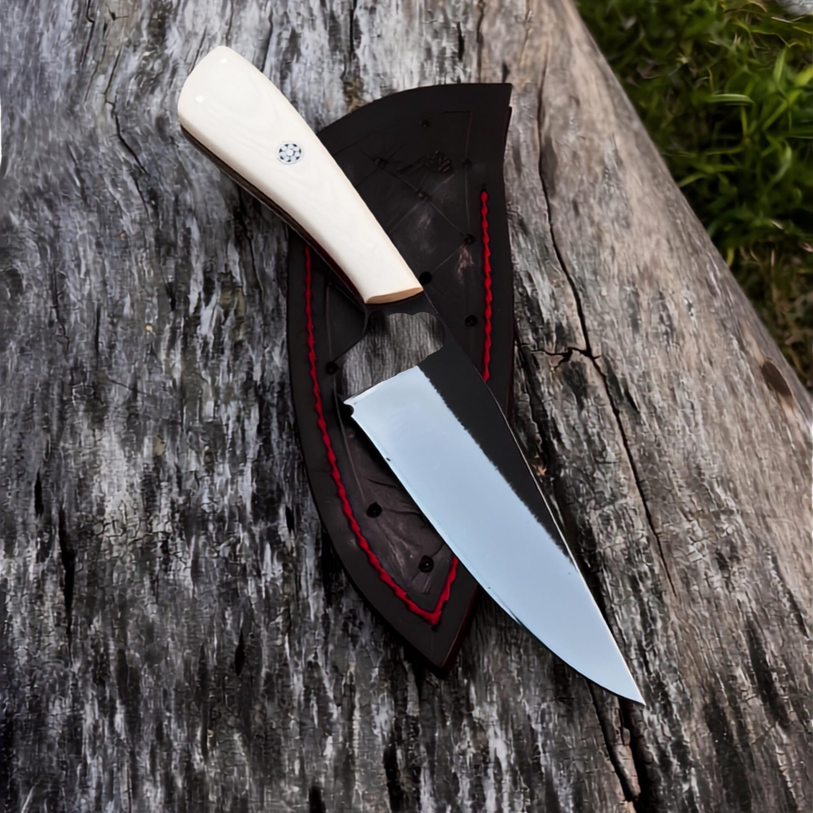 Handmade Skinning Hunting Knife | Full Tang Fixed Blade with White G10 Handle & Leather Sheath - Image 2