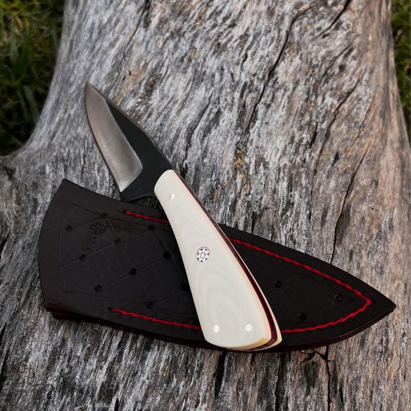 Handmade Skinning Hunting Knife | Full Tang Fixed Blade with White G10 Handle & Leather Sheath - Image 3