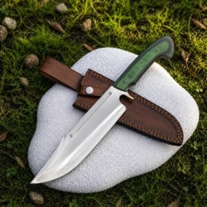 Handmade Full Tang Camping Knife | High Carbon Steel Blade, Green Micarta Handle & Leather Sheath