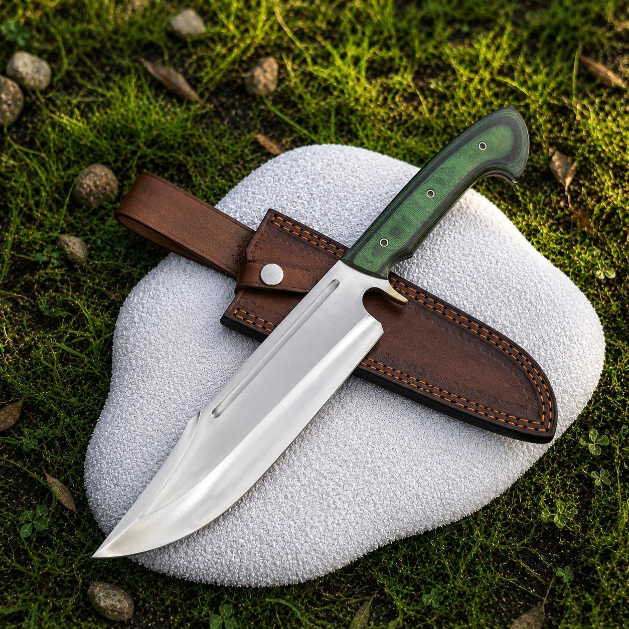 Handmade Full Tang Camping Knife | High Carbon Steel Blade, Green Micarta Handle & Leather Sheath