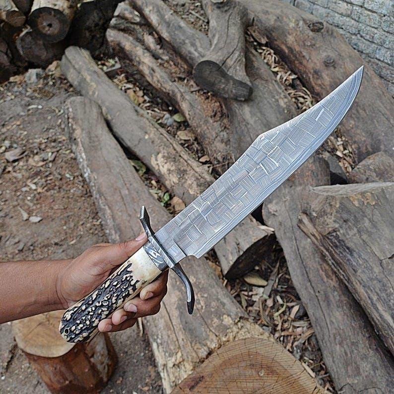 Handmade Bowie Knife | Stag Antler Handle | Fixed Blade Bushcraft Knife | Leather Sheath | Outdoor Gift - Image 3