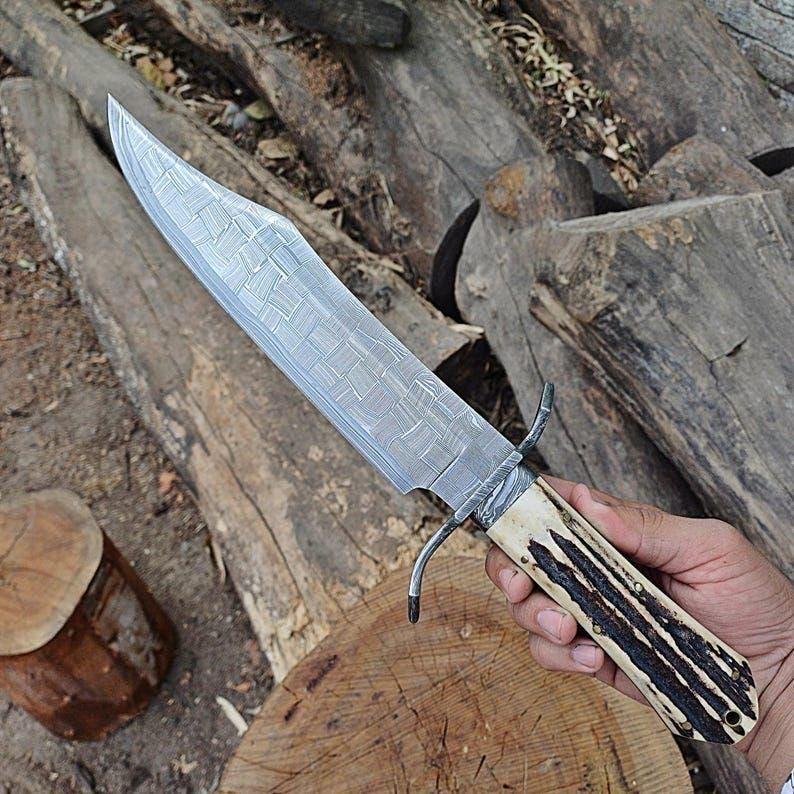 Handmade Bowie Knife | Stag Antler Handle | Fixed Blade Bushcraft Knife | Leather Sheath | Outdoor Gift - Image 2