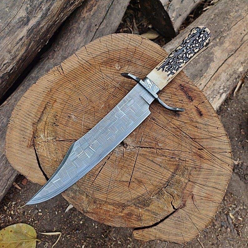 Handmade Bowie Knife | Stag Antler Handle | Fixed Blade Bushcraft Knife | Leather Sheath | Outdoor Gift - Image 4