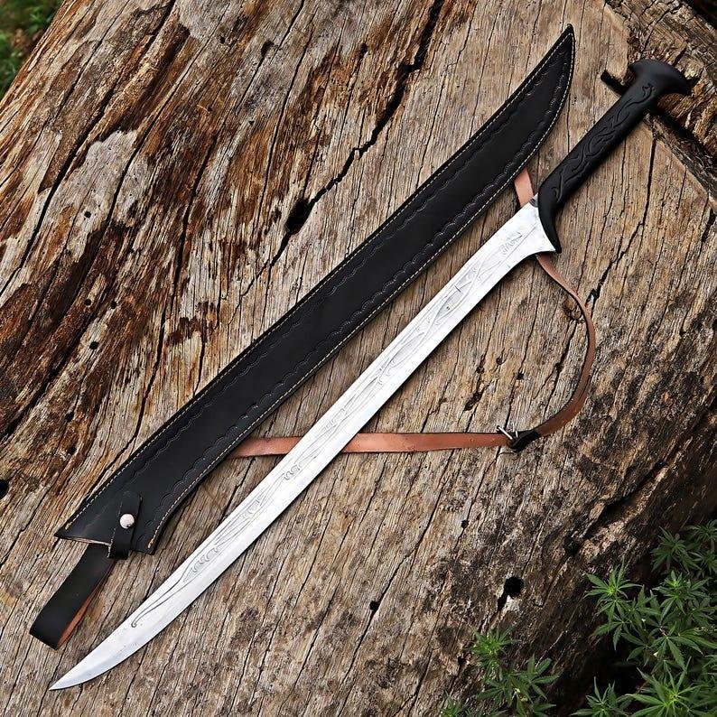 Handmade Damascus Steel Fantasy Sword | Viking Elven Style, Leather Sheath - Image 6