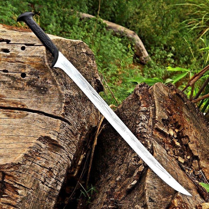 Handmade Damascus Steel Fantasy Sword | Viking Elven Style, Leather Sheath - Image 3