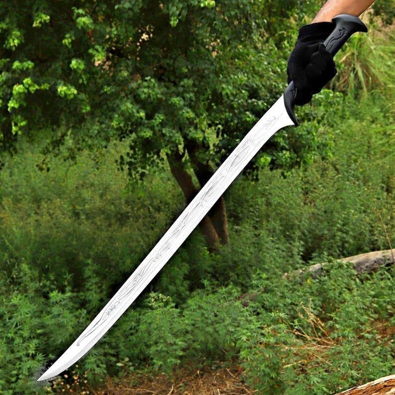 Handmade Damascus Steel Fantasy Sword | Viking Elven Style, Leather Sheath - Image 2