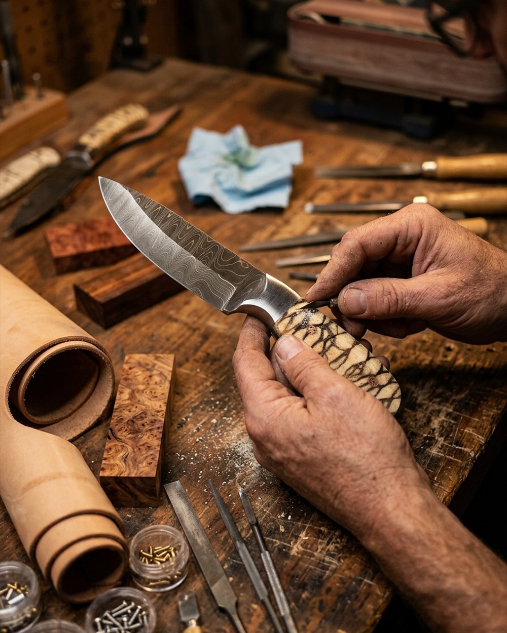 Master Forge craftsperson finishing a Damascus knife