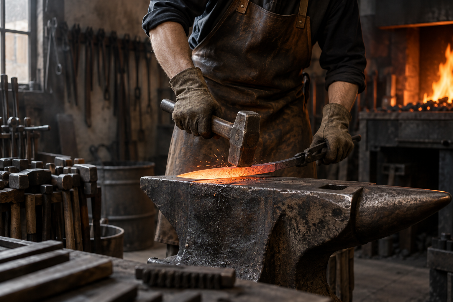 Illustrative view of knife forging at an anvil