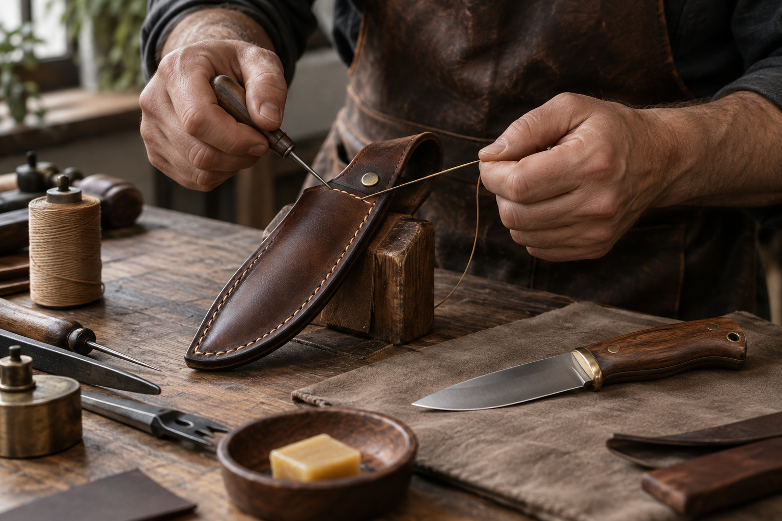 Illustrative view of a leather sheath being hand finished