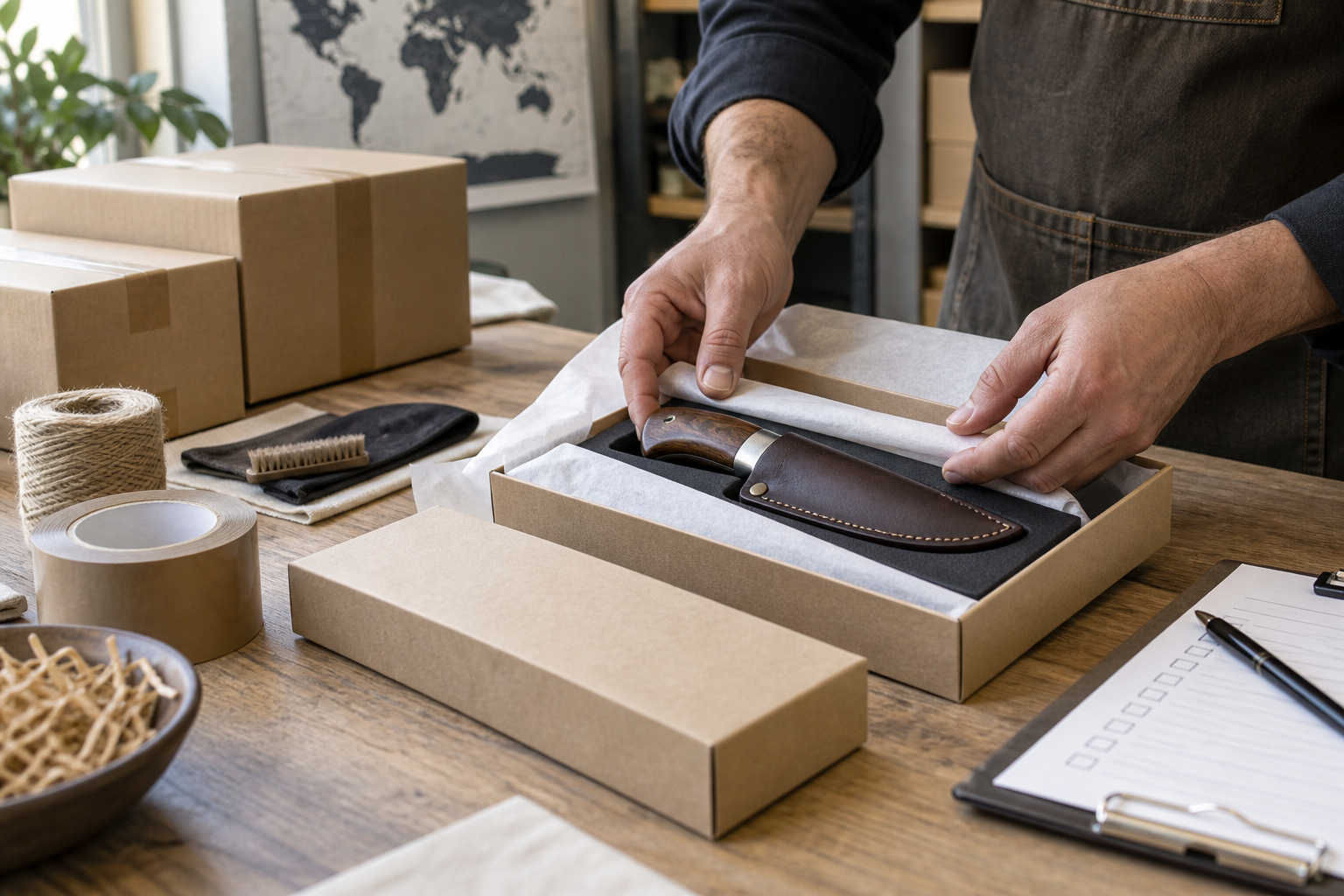 Illustrative view of a handcrafted knife being prepared for shipment